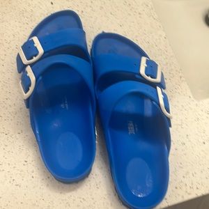 Birkenstock. Arizona Essentials. Blue with white hardware. Great condition.